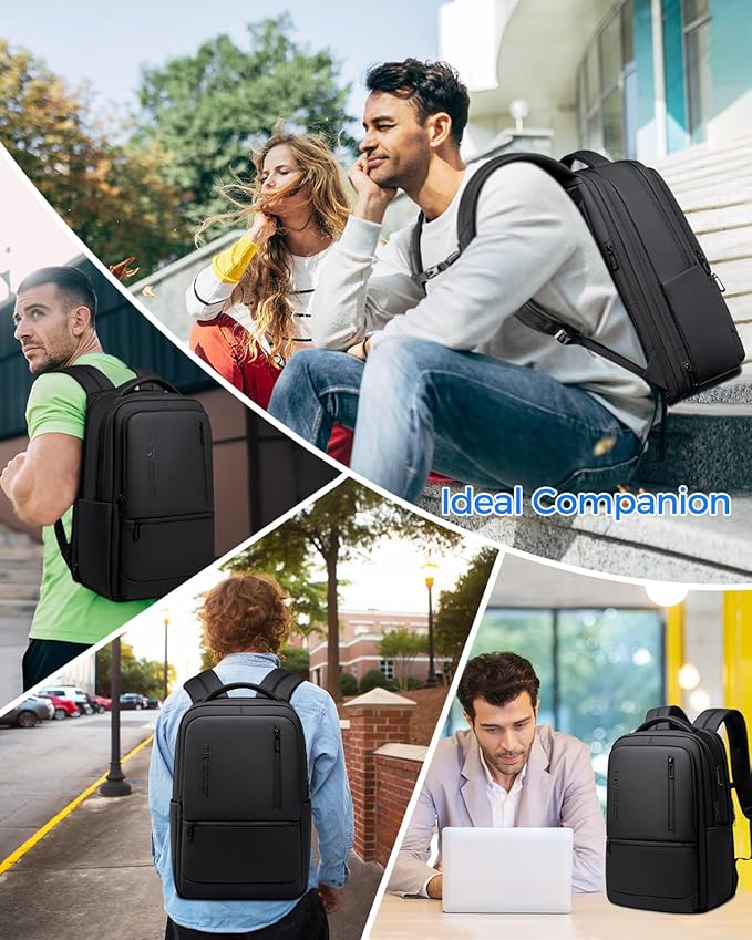 Expandable Travel Laptop Backpack, 15.6 Inch Computer Backpack with USB Charging Port, Water Resistant Black Mens Laptop Bag