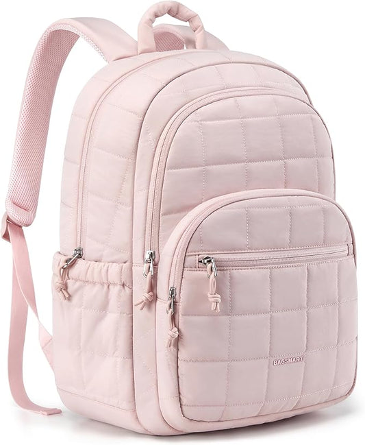 BAGSMART College Laptop Backpack, Travel Laptop Backpack for Women, Quilted Casual Daypack, Water-Resistant Bookbag for 15.6 Inch Laptop, Pink