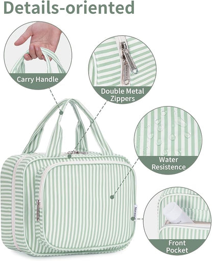 Narwey Striped Hanging Toiletry Bag for Women Travel Makeup Bag Organizer Toiletries Bag for Travel Size Essentials Accessories Cosmetics (Mint Green Stripe (Medium))