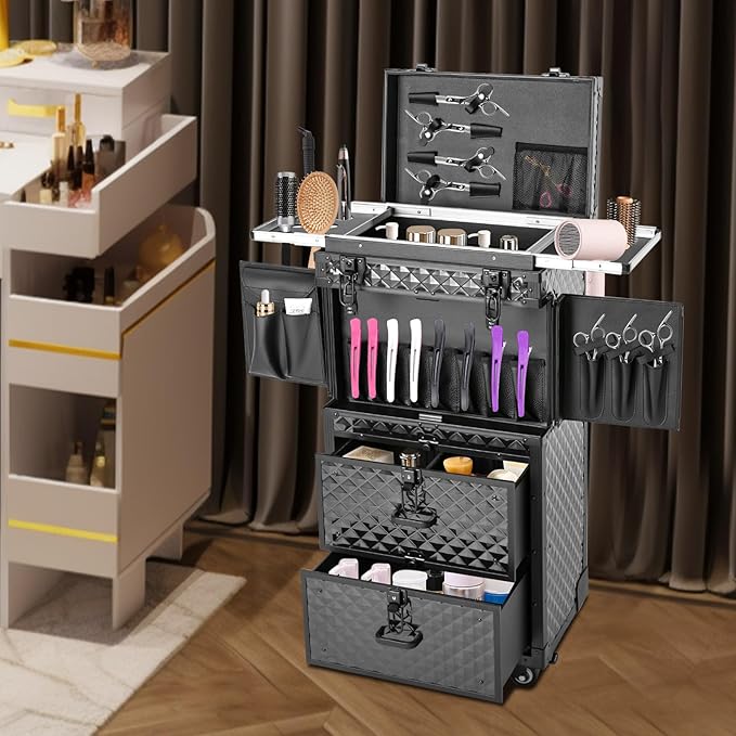 Beauty Luggage Rolling Lockable Makeup Train Case Stylist Cosmetic Luggage Travel Organizer with Hair Dryer Holder & Compartment
