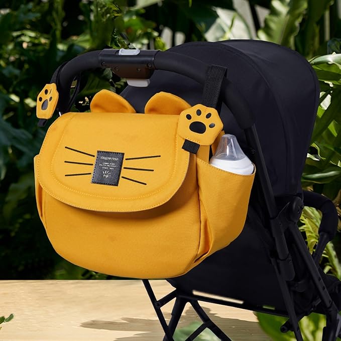 SUNVENO Kitty Stroller Organizer Bag – Universal Baby Stroller Caddy with 2 Cup Holders, Adjustable Straps, Waterproof Oxford, Lightweight Travel Accessory for Strollers, Prams & Pushchairs,Yellow