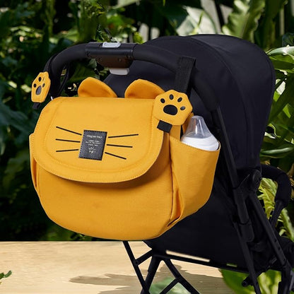 SUNVENO Kitty Stroller Organizer Bag – Universal Baby Stroller Caddy with 2 Cup Holders, Adjustable Straps, Waterproof Oxford, Lightweight Travel Accessory for Strollers, Prams & Pushchairs,Yellow