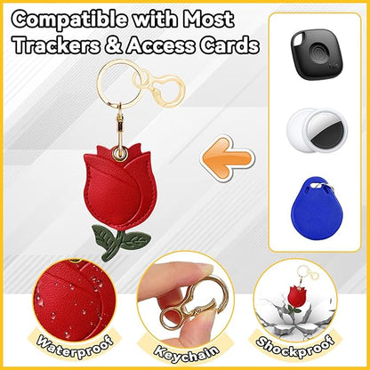 Leather Keychain for Airtag, Cute Protective Keychain Holder Compatible with Apple Air Tag,GPS Item Tracker Case Cover for Keys,Bags,Pets,Luggage(Rose)