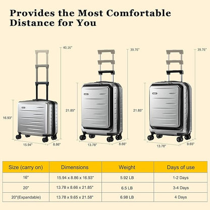 16 Inch Carry On Luggage Airline Approved, Expandable Lightweight ABS+PC Hard Shell Suitcases with 360° Spinner Wheels, TSA Lock, YKK Zippers (Dark Gray, 1 PC)
