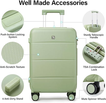 Hanke 20 Inch Carry On Luggage 22x14x9 Airline Approved PC Hard Shell Suitcases with Wheels TSA Luggage for Women Men Lightweight Travel Luggage(Bamboo Green)