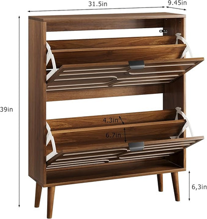 Spaco Walnut Shoe Cabinet Storage for Entryway,Narrow Shoe Organizer Cabinet with 2 Flip Drawers,Slim Shoe Rack with Solid Wood Leg for Hallway,Closet
