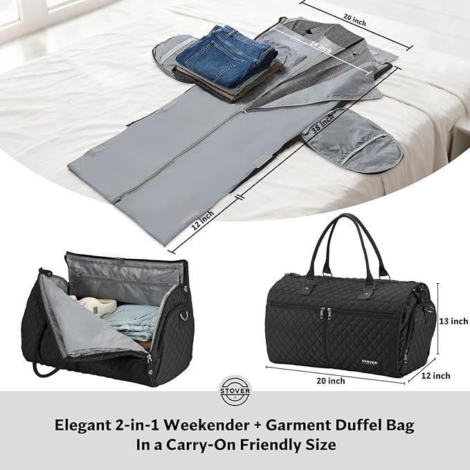 STOVER Women’s Convertible Garment Duffel Bag for Travel – 2-in-1 Carry-On Weekender/Overnight Tote - Wrinkle-Free Dresses, Hanging Suits & Clothes Plus Shoe Compartment & Bonus Toiletry Bag (Black)