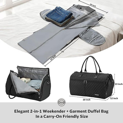 STOVER Women’s Convertible Garment Duffel Bag for Travel – 2-in-1 Carry-On Weekender/Overnight Tote - Wrinkle-Free Dresses, Hanging Suits & Clothes Plus Shoe Compartment & Bonus Toiletry Bag (Black)
