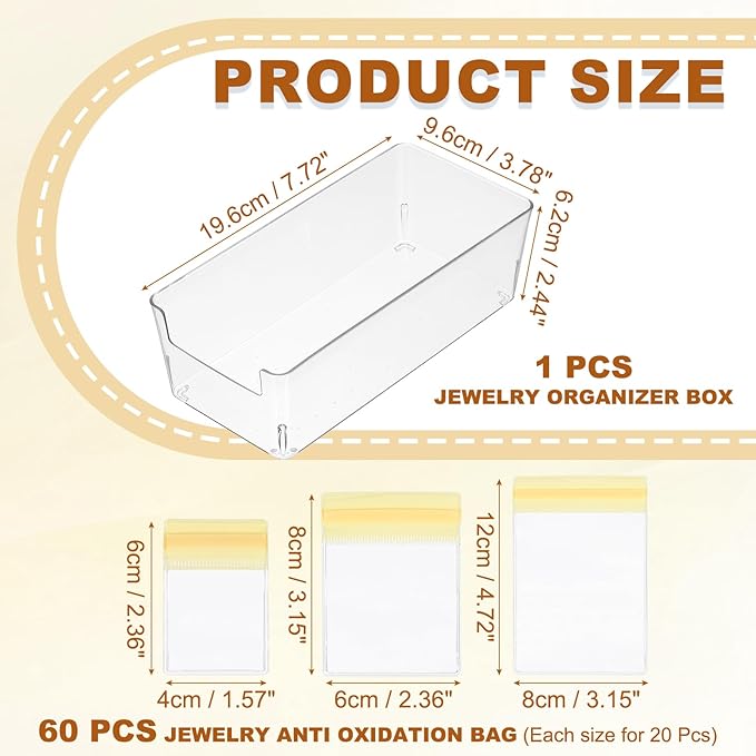 PATIKIL Clear Jewelry Box, Organizer Holder Box with 60 Pcs Portable Anti Tarnish Jewelry Bags, Travel Case for Women Earrings Rings Necklaces Bracelets, Yellow 3 Size