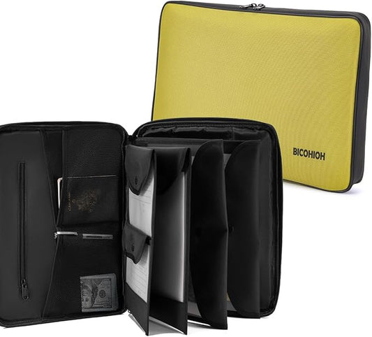Portable Document Bag, Important Document Organizer, Storage Pouch File Folder for Important Papers, Emergency Binder, Birth Certificates, Social Security Cards, Passports, Photos (Yellow)