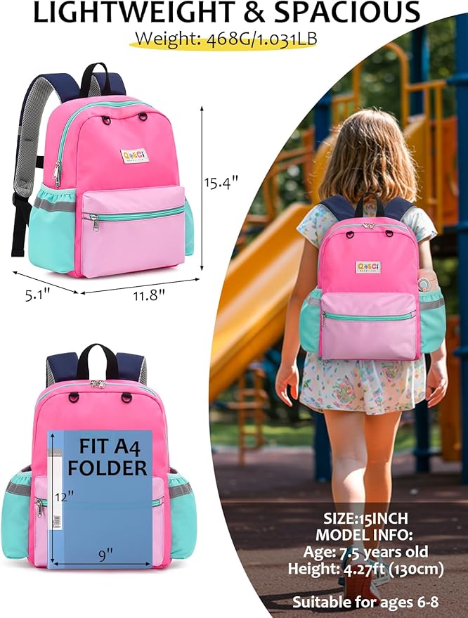 Kids Backpack for Boys Girls, Toddler Backpack for Preschool Kindergarten, 15inch Elementary School Bookbag with Reflective for Ages 6-8, Light Pink