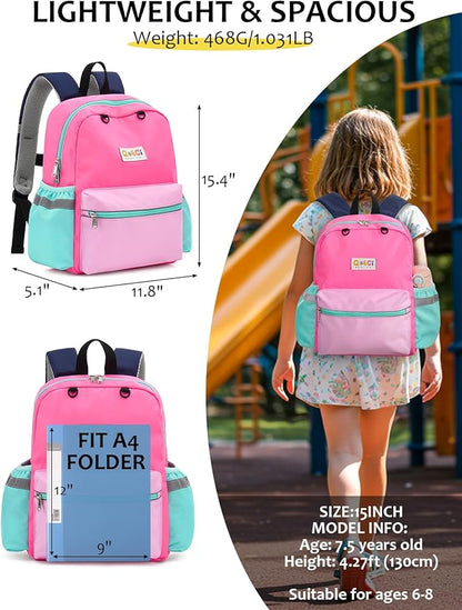 Kids Backpack for Boys Girls, Toddler Backpack for Preschool Kindergarten, 15inch Elementary School Bookbag with Reflective for Ages 6-8, Light Pink
