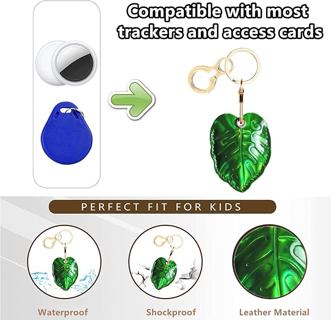 Shiny Leather Charm Keychain Holder Case Compatible with AirTag,Cute Protective Cover with Keyring,Anti-Scratch Finder GPS Tracker Case for Wallet Keys,Bag,Pets(Small Leaves)