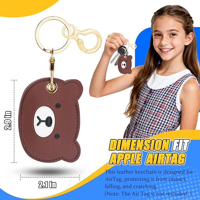 Leather Keychain for Airtag, Cute Protective Keychain Holder Compatible with Apple Air Tag,GPS Item Tracker Case Cover for Keys,Bags,Pets,Luggage(Bear)