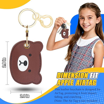 Leather Keychain for Airtag, Cute Protective Keychain Holder Compatible with Apple Air Tag,GPS Item Tracker Case Cover for Keys,Bags,Pets,Luggage(Bear)