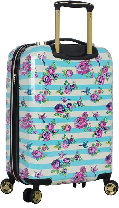 Betsey Johnson Designer 20 Inch Carry On - Expandable (ABS + PC) Hardside Luggage - Lightweight Durable Suitcase With 8-Rolling Spinner Wheels for Women (Stripe Floral Hummingbird)