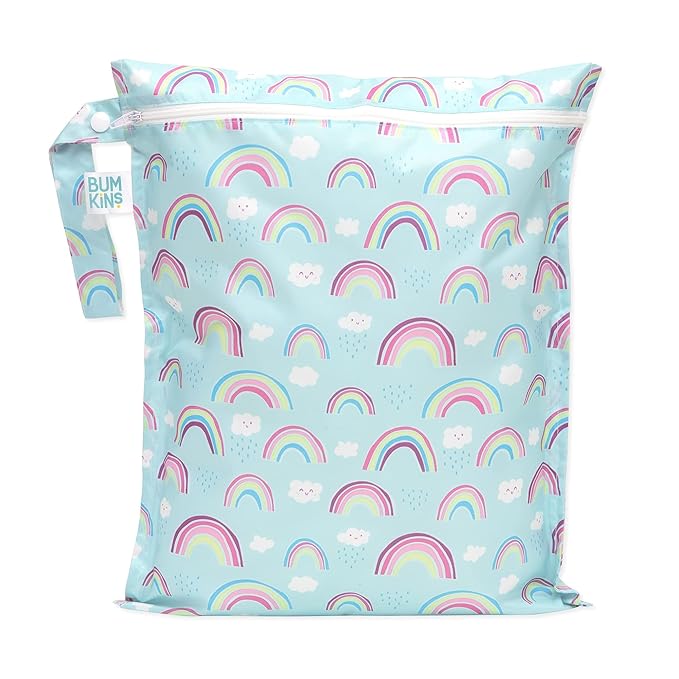 Bumkins Waterproof Wet Bag for Baby, Travel, Swim Suit, Cloth Diapers, Pump Parts, Pool, Beach, Gym Clothes, Toiletry, Hook to Stroller, Daycare, Zipper Reusable Wetdry Packing Pouch, Rainbows Blue