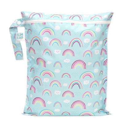 Bumkins Waterproof Wet Bag for Baby, Travel, Swim Suit, Cloth Diapers, Pump Parts, Pool, Beach, Gym Clothes, Toiletry, Hook to Stroller, Daycare, Zipper Reusable Wetdry Packing Pouch, Rainbows Blue