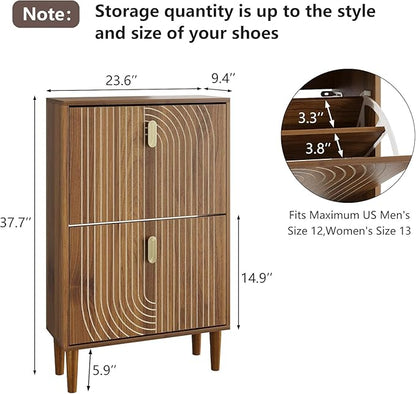 Spaco Walnut Shoe Cabinet with 2 Flip Drawers for Entryway,Narrow Shoe Storage Cabinet with Wood Leg,Freestanding Slim Shoe Organizer for Entryway, Hallway