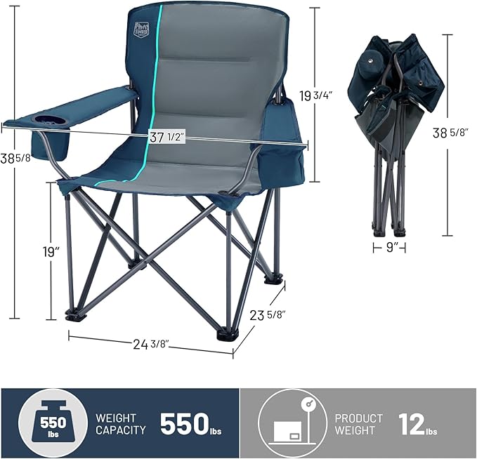 TIMBER RIDGE Oversized Folding Camping Chair for Adults, Support 550 LBS Heavy Duty with Cup Holder Side Pocket for Camping, Lawn, Picnic, 2 Pack(Navy)