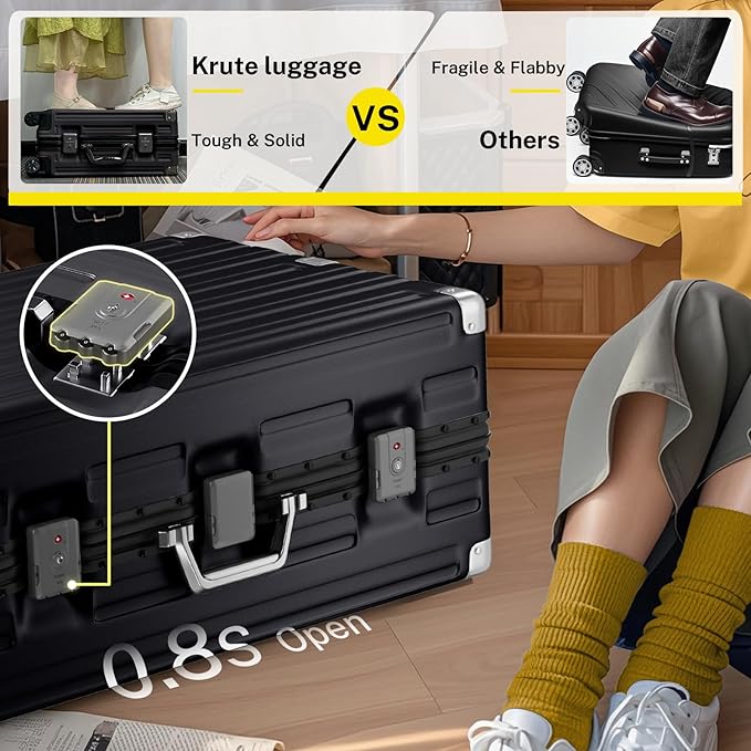 Krute Aluminum Frame Luggage 28 Inch Checked Suitcase with Spinner Wheels TSA Approved No Zipper Hard Shell Luggage PC+ABS Travel Suitcase