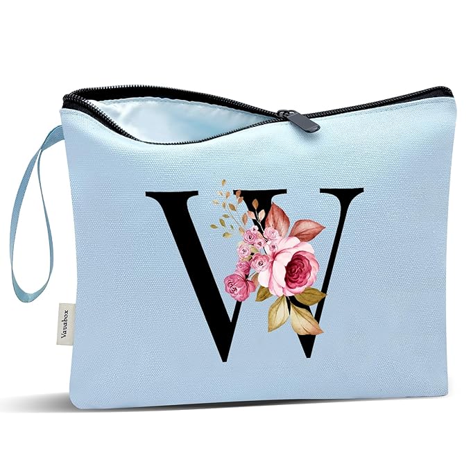 Vavabox A-Z Personalized Makeup Bag, Birthday Gifts for Women Mom, Gifts for Best Friend, Bride Bridesmaid Cosmetic bag (W, Blue)