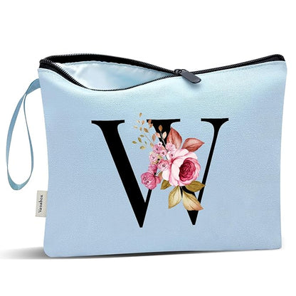 Vavabox A-Z Personalized Makeup Bag, Birthday Gifts for Women Mom, Gifts for Best Friend, Bride Bridesmaid Cosmetic bag (W, Blue)
