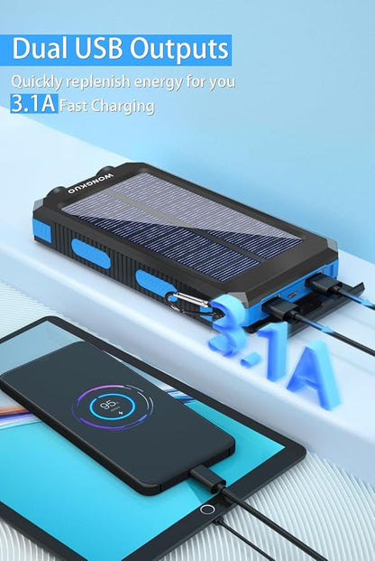 WONGKUO Solar Charger Power Bank - 36800mAh Solar Phone Charger, QC3.0 Fast Charger with LED Flashlight, IP65 Waterproof Portable Power Bank for Outdoor Activities (Blue)