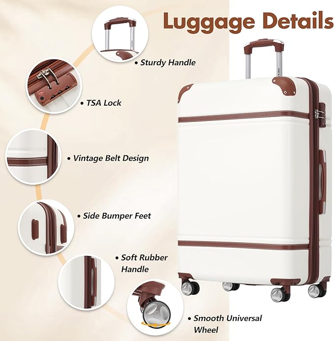 Merax 28 Inch Checked Luggage, Expandable Suitcase with Spinner Wheels, Hard Shell Vintage Luggage Set with TSA Lock(White)