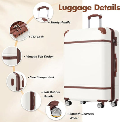Merax 28 Inch Checked Luggage, Expandable Suitcase with Spinner Wheels, Hard Shell Vintage Luggage Set with TSA Lock(White)