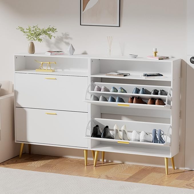JOZZBY Shoe Cabinet for Entryway, White Narrow Shoe Storage Cabinet with 2 Flip Drawers, Freestanding Hidden Shoe Rack Storage with Open Shelves for Hallway, Living Room