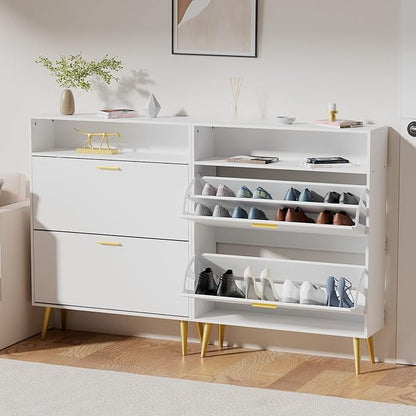 JOZZBY Shoe Cabinet for Entryway, White Narrow Shoe Storage Cabinet with 2 Flip Drawers, Freestanding Hidden Shoe Rack Storage with Open Shelves for Hallway, Living Room