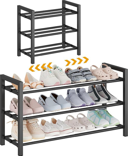 3-Tier Expandable Shoe Rack – Adjustable Heavy-Duty Metal Shoe Organizer Shelf for Closet, Entryway, Mudroom & Garage – Durable Freestanding Storage, Black