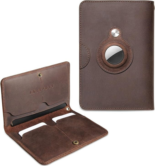 Genuine Leather Passport Holder with AirTag Slot | Bifold Wallet for Passport Book, Cards | Travel Essentials for Men & Women(5.9'' x 4.13'')