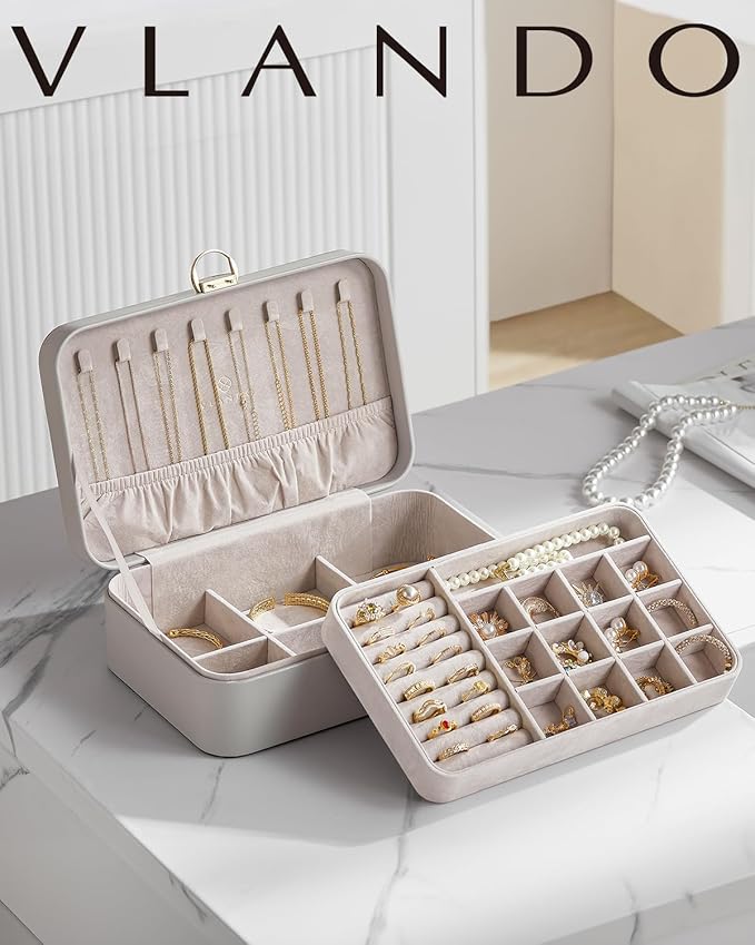 Vlando Jewelry Boxes for Women,2 Layers Jewelry Box with Lock,Birthday Gifts for Women Girls,Jewelry Organizers for Earrings Necklace,Rings Storage Grey