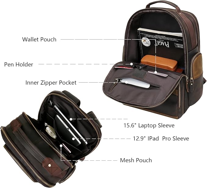 Leather Backpack for Men,15.6" Laptop Backpack Large Capacity Vintage Casual Travel Business Work Computer Bag Outdoor Weekend Daypacks (Dark Brown)