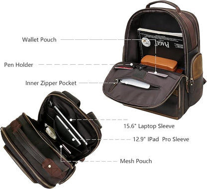 Leather Backpack for Men,15.6" Laptop Backpack Large Capacity Vintage Casual Travel Business Work Computer Bag Outdoor Weekend Daypacks (Dark Brown)