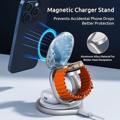 3 in 1 Charging Station for Apple Magsafe Travel Charger for Multiple Devices Aluminum Foldable Magnetic Wireless Charger with 360 Rotating for iPhone 17/16/15/14/13/12 Series,for iWatch,for Airpods