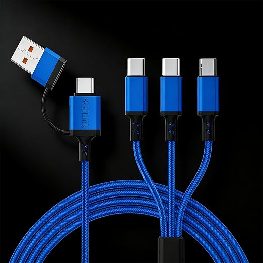 USB Cable PD Fast Charger Lighted Up (USB 6IN1 Braid Blue),A Mobile Phone Data Cable, specifically a Fast Charging Cable, Crafted from Nylon Braided Material.