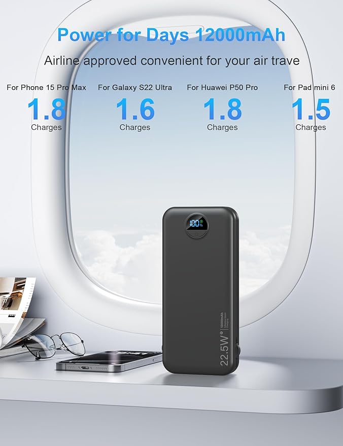Portable Charger with Wall Plug, 12000mAh USB C Power Bank Fast Charging, External Battery Pack with Built in Cables, Digital Display, 5 Output 4 Input for iPhone Android Cell Phone Tablet