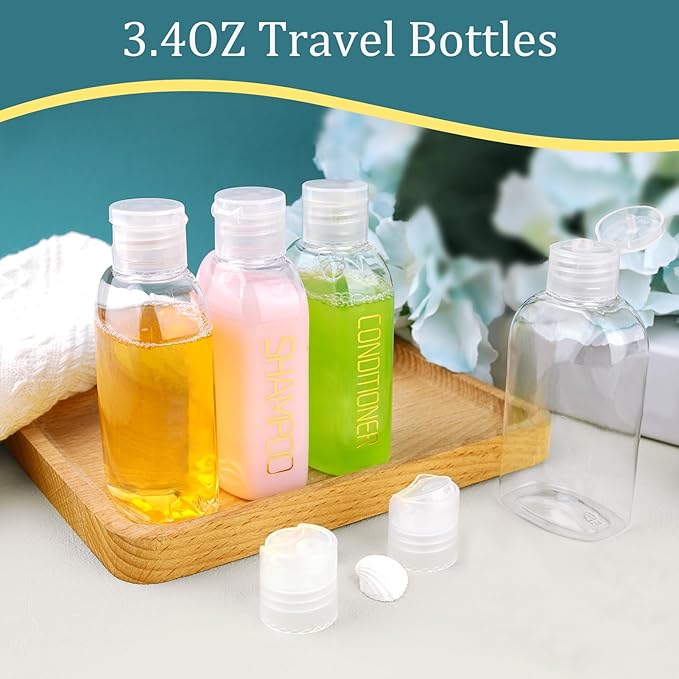 Cosywell Travel Bottles for Toiletries 4PCS 3.4oz/100ml Plastic Squeeze Bottles TSA Approved Travel Size Containers Leakproof Plastic Cream Jars Refillable Cream Lotion(Brown)