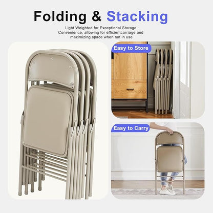Folding Chairs 14 Pack, Portable Stackable Commercial Chair, Indoor Outdoor Padded Leather Chair with Sturdy Metal Frame, for Home, Office, or Party Events. (Kahki, 14 Pack)