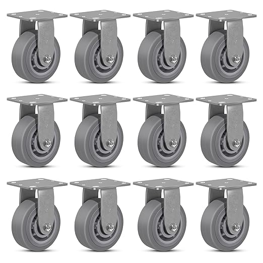 5 Inch Rubber Wheels (Flat Tread)- Heavy Duty Casters, Industrial Caster Wheels- with up to 800 LB Capacity- Use for Dollies, Utility and Maintenance Carts(12 Rigid)