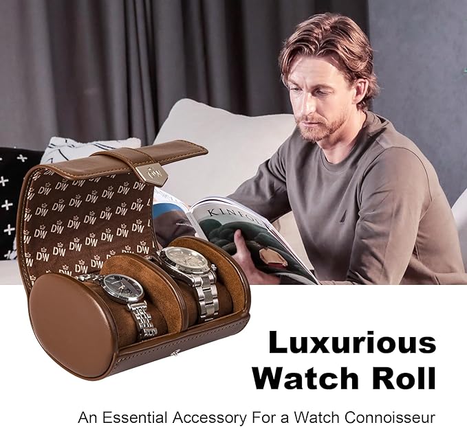 DUKWIN Watch Roll for 2 Watches,Vegan Leather Travel Watch Case Organizer with Removable Pillows for Men and Women,Display Case for Watches Collection and Gift for Anniversary Birthday(Brown Storage)