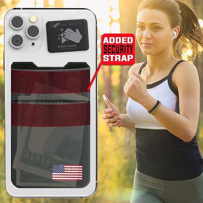 Gecko Travel Tech Double Pocket - Adhesive Card Holder - Cell Phone Pouch - Stick on Spandex Pocket - Carry Credit Cards and Cash (USA FLAG - GRAY)