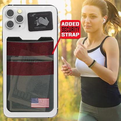 Gecko Travel Tech Double Pocket - Adhesive Card Holder - Cell Phone Pouch - Stick on Spandex Pocket - Carry Credit Cards and Cash (USA FLAG - GRAY)