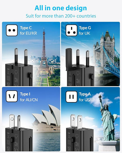 SooPii Gan USB C Charger 25W, 2 Port PD PPS QC Universal Travel Adapter, All-in-One Travel Charger with US UK EU AU Plug Adapter for Galaxy S25/S24/Note 20, iPhone 16/15/14, iPad, Pixel and More