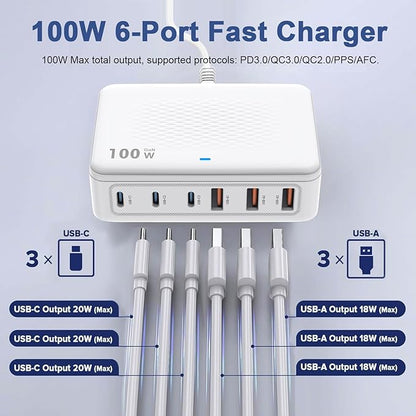 USB C Fast Charger,100W GaN 6 Port Type USB C Charging Station Hub Block USBC Wall Charger Power Strip Adapter Plug Cube Brick USBC USB A for iPad Air/Pro,iPhone 16 15 14 13 12 11 Pro Max,Galaxy S24