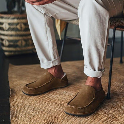 OLUKAI Moloa Slipper, Men's Premium Leather Slip-On Shoes, Soft Genuine Shearling Lining & Gel Insert, Drop-In Heel & All-Day Comfort