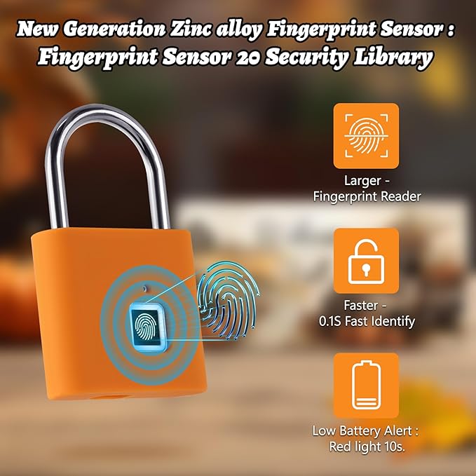 UMIKSMART Padlock, Keyless Fingerprint Padlock with USB Charging, Gym Lockers, School Lockers, Luggage, Storage Boxes, Cabinets, Backpack, Thanksgiving Gifts (Maple Leaf Orange)